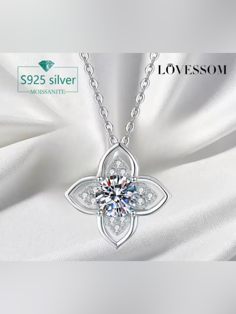 HOT Lovessom S925 Silver Moissanite Floral Pendant Necklace in Silver